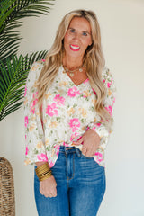 Ivory Floral Flowy 3/4 Sleeve Blouse - Final Sale