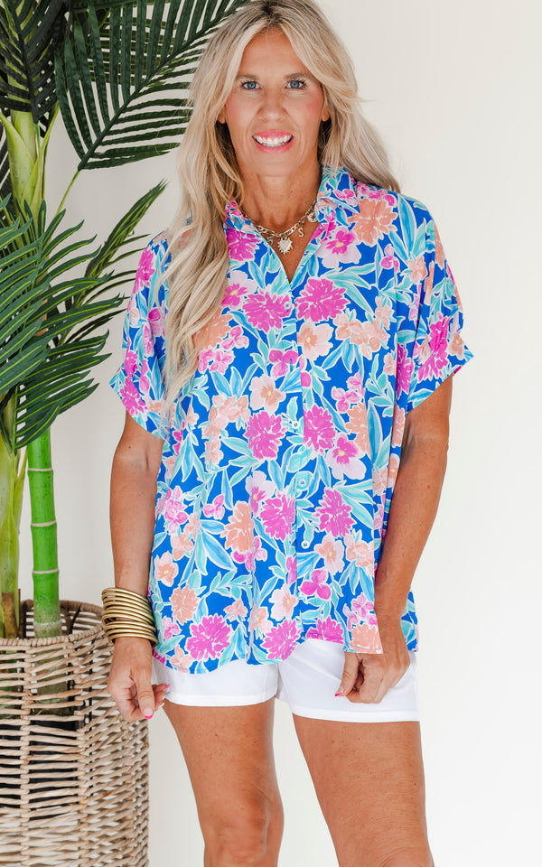 Oversized Floral Button Up Blouse Top