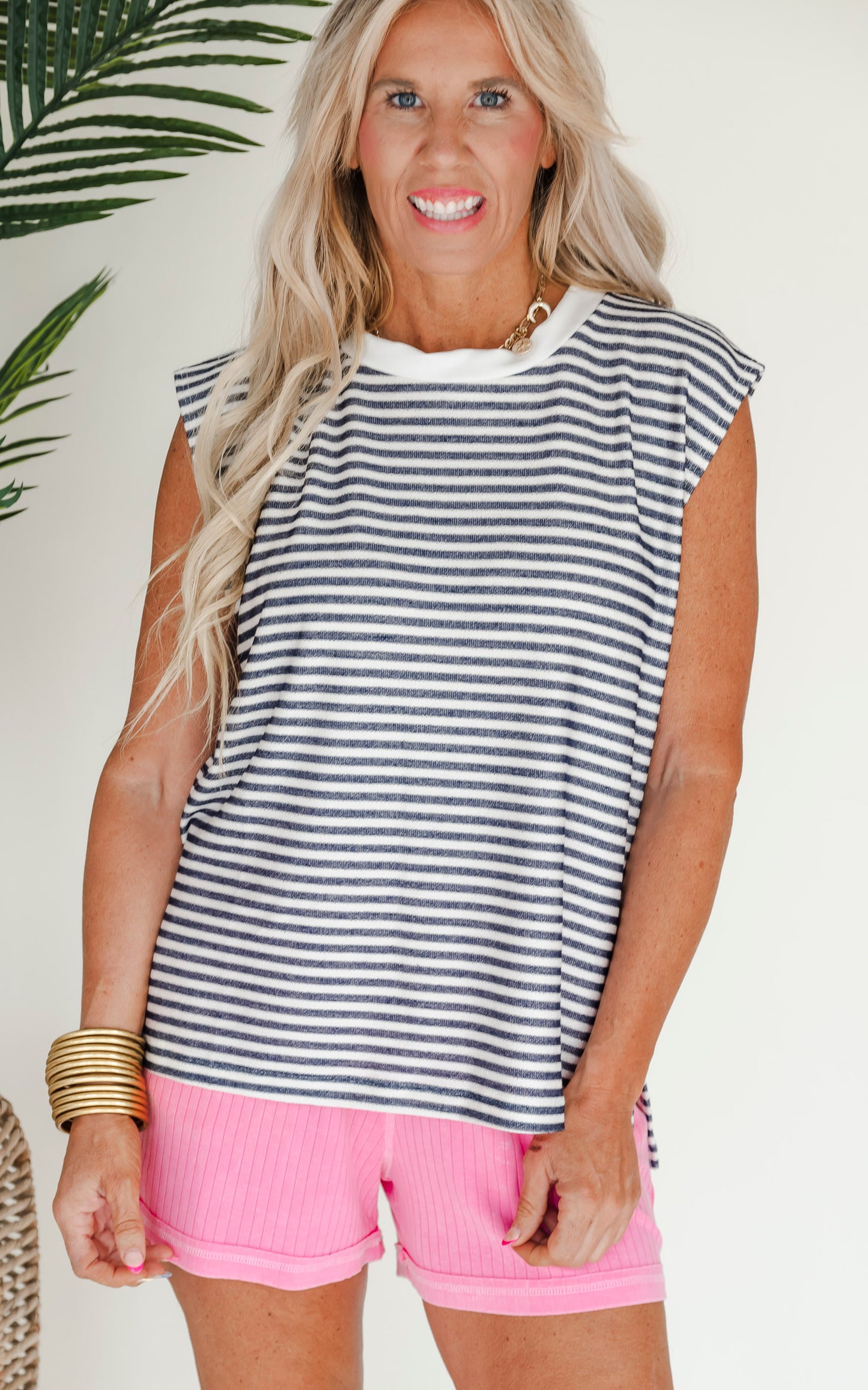 Navy White Striped Sleeveless Knit Top - Final Sale