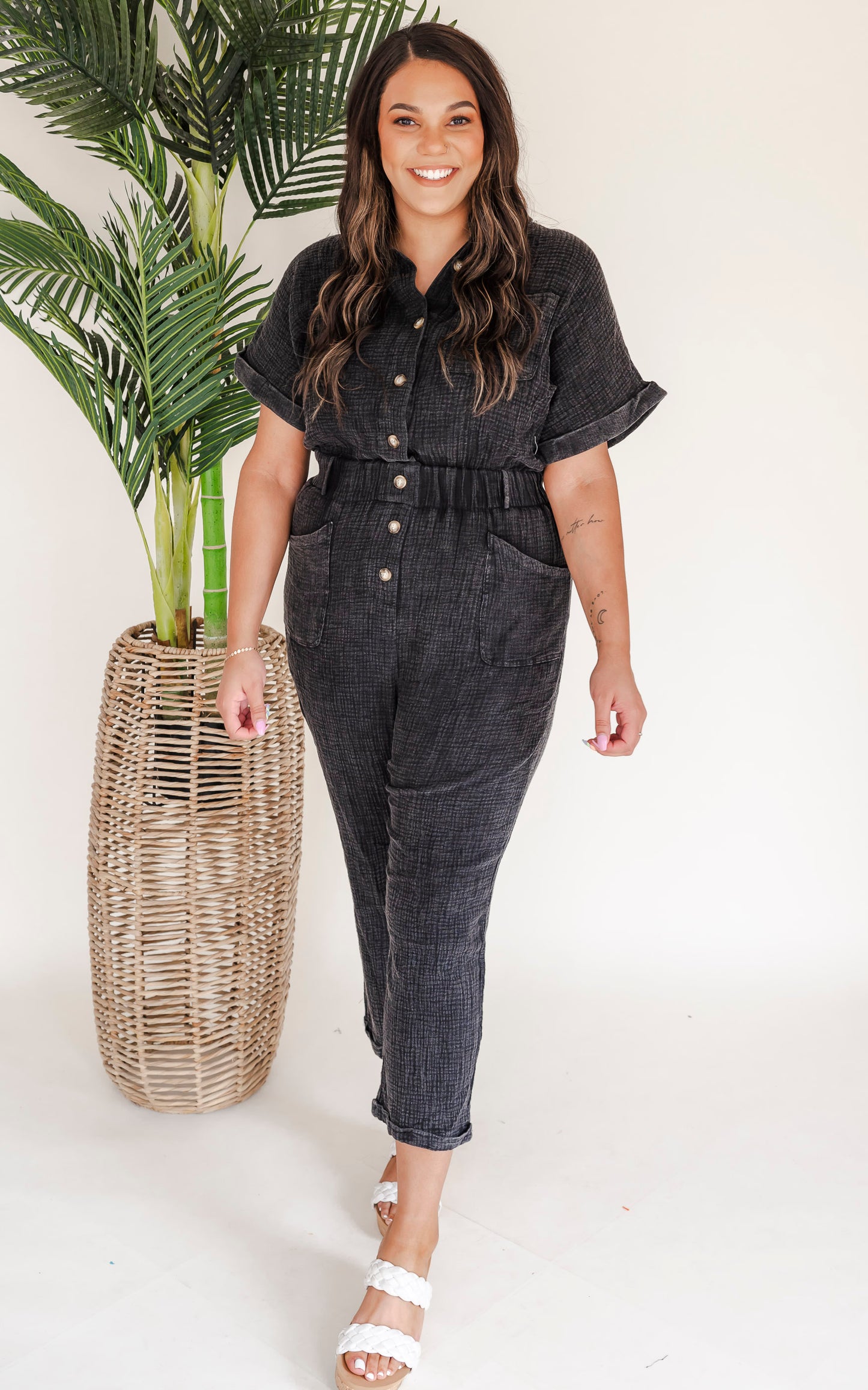 Feel the Confidence Short Sleeve Solid Knit Jumpsuit - Final Sale