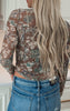 Brown Floral Print Mesh Fitted Long Sleeve Top