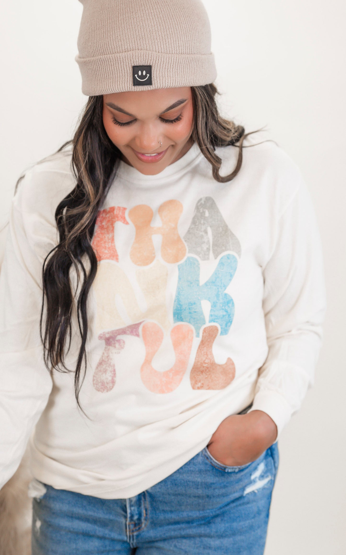 Thankful Garment Dyed Long Sleeve Graphic Top