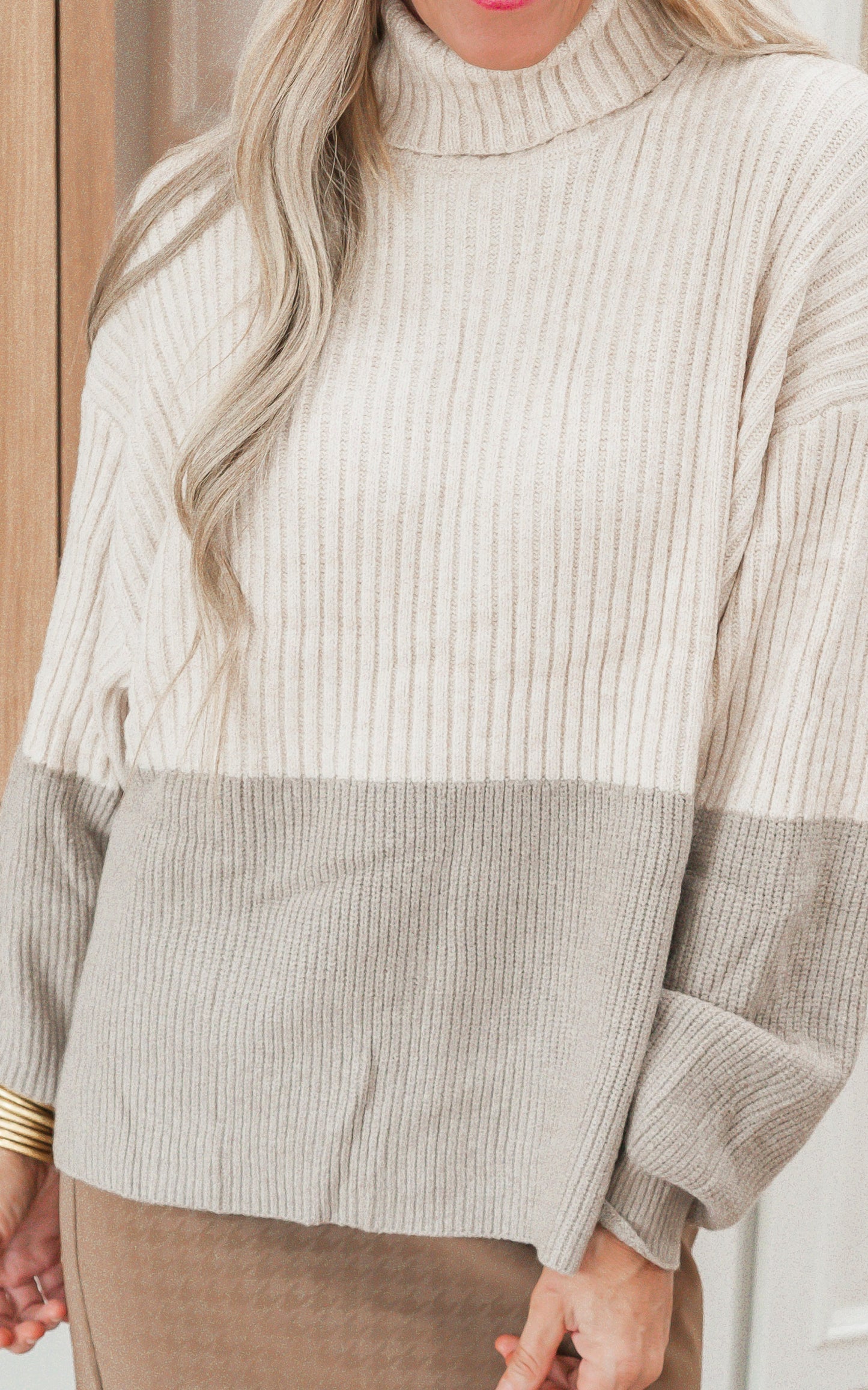 Cream Color Block Sweater Top