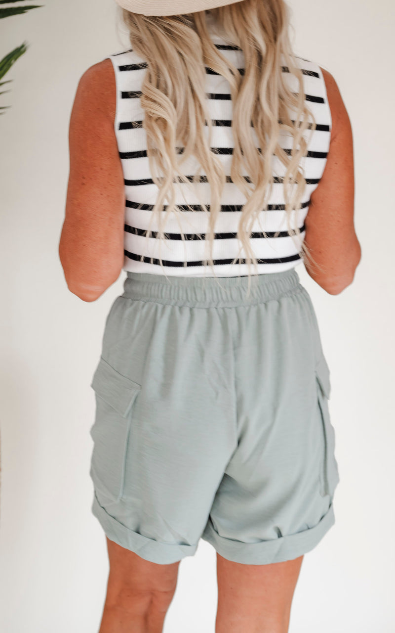 Lets Explore High Waisted Solid Knit Cargo Shorts - Final Sale