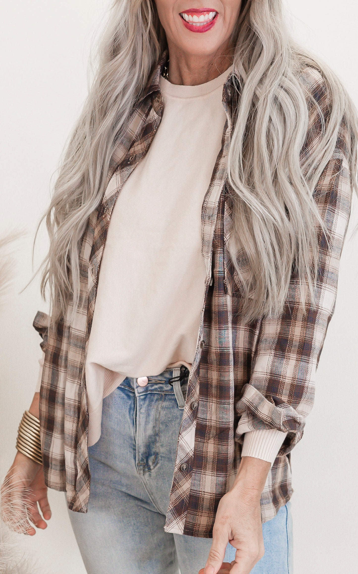 Oversized Caramel Flannel Plaid Top