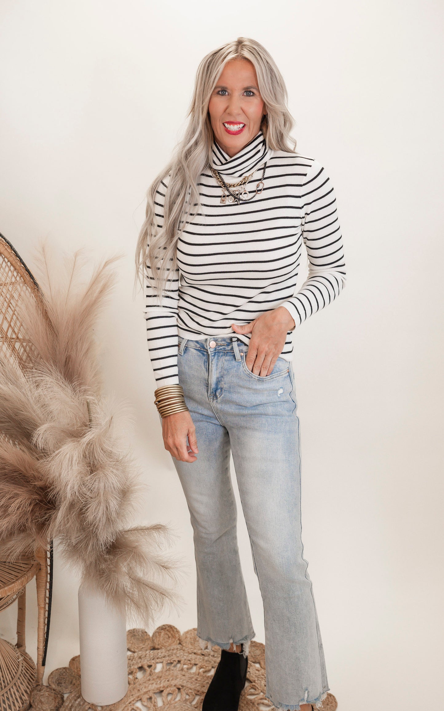 Classic Cut Striped Turtleneck Sweater Top