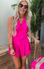 Hot Pink Halter Drawstring Waist Pocket Romper