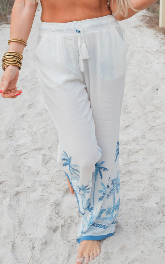 White Palm Tree Wide Leg Pants