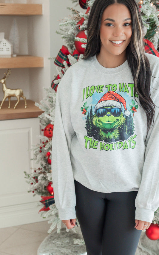 I Love to Hate Holiday Heather Grey Graphic Crewneck Sweatshirt**