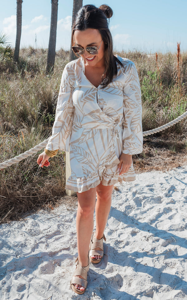 Tan Abstract Leaf Long Sleeve Beach Dress
