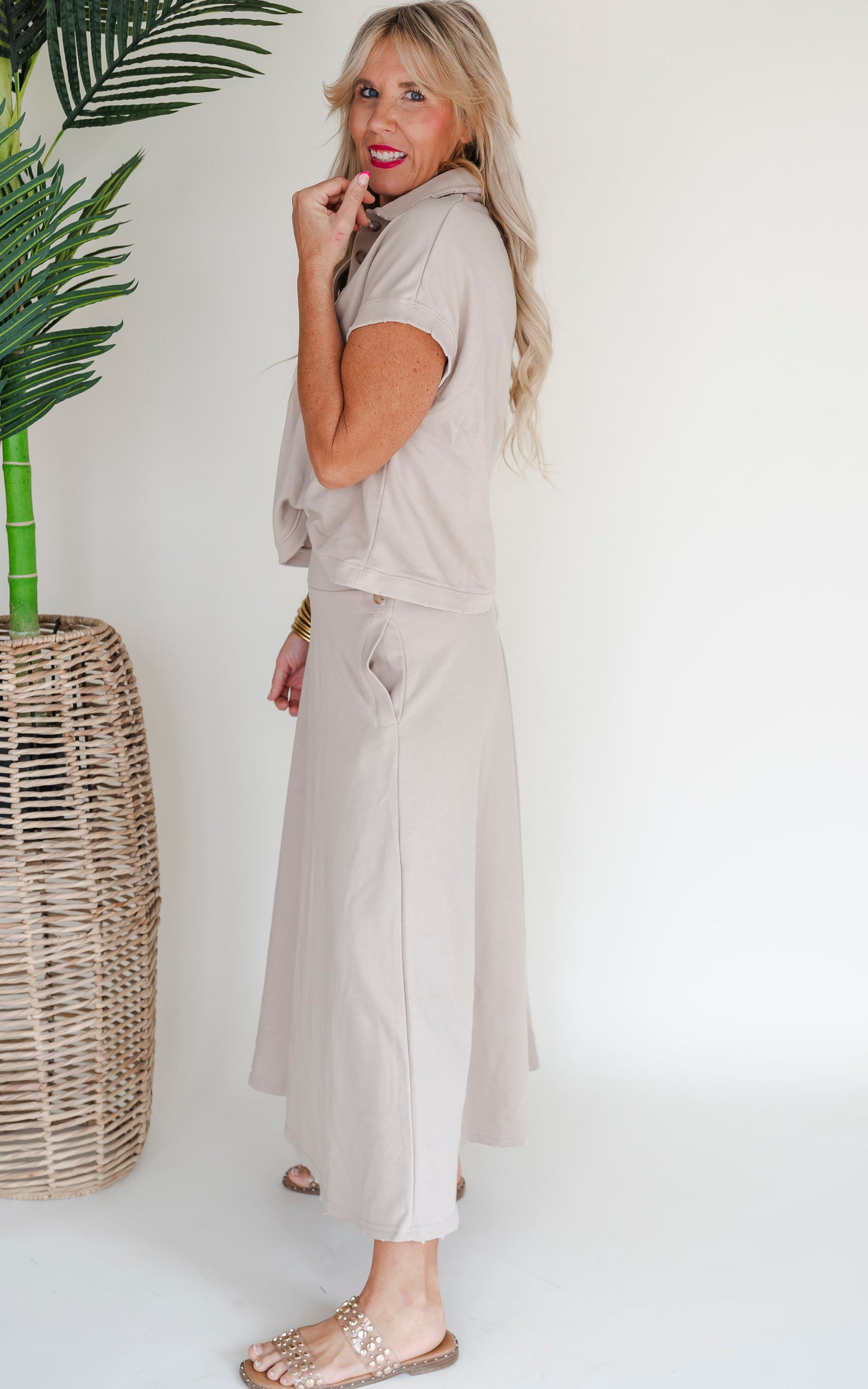 Feel Fabulous Today Raw Edge Detail Pants with Collared Top