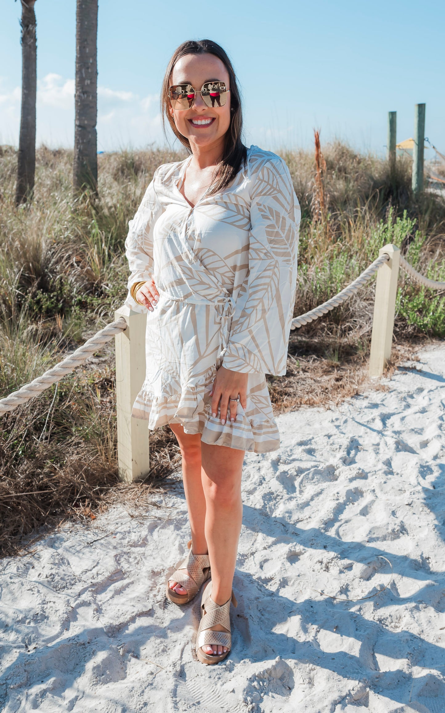 Tan Abstract Leaf Long Sleeve Beach Dress - Final Sale