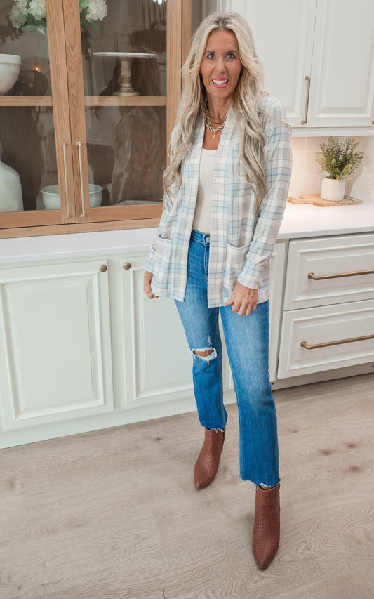 Forever Favorite Plaid Cardigan in Ivory Mocha Blue #1 | Salty Wave