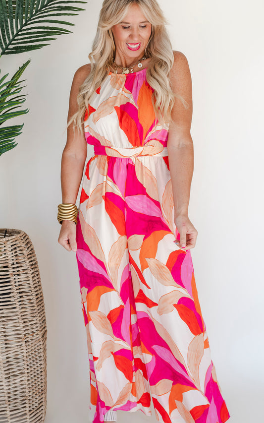 It's Captivating Printed Halter Neck Jumpsuit - Ecru Pink - Final Sale