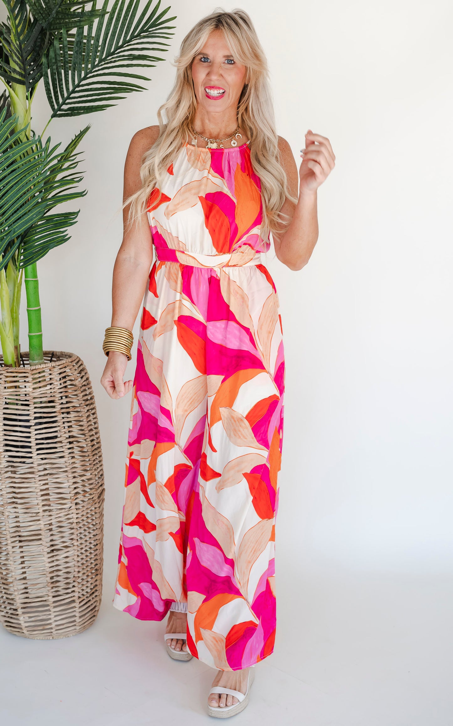 It's Captivating Printed Halter Neck Jumpsuit - Ecru Pink - SPRING 2025