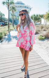 Pink Botantic Boarder Long Sleeve Beach Dress
