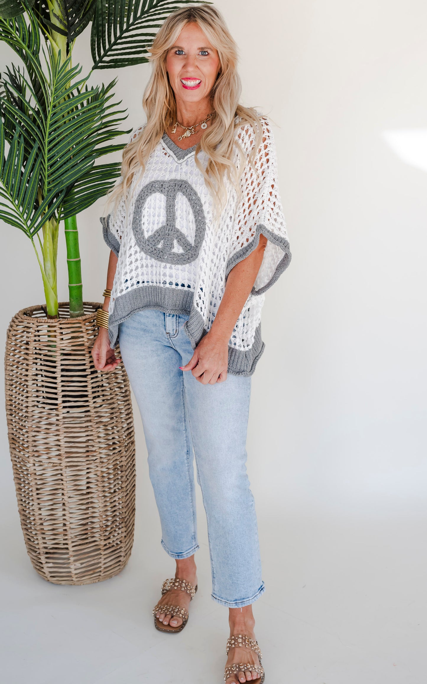 POL - Oversized Peace Sign Knit Top Sweater