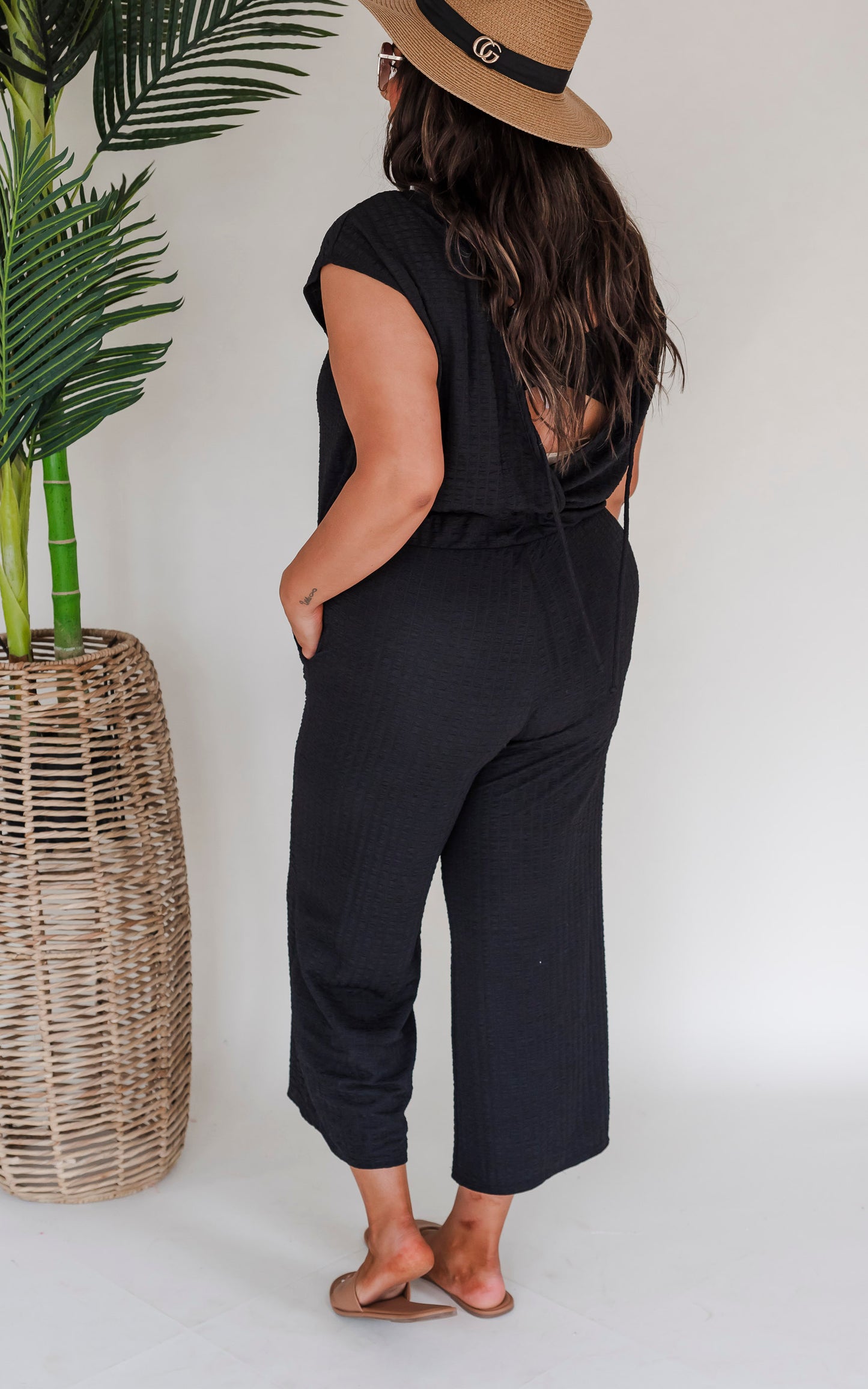 Feeling Fancy Textured Tie Back Drop Shoulder Jumpsuit