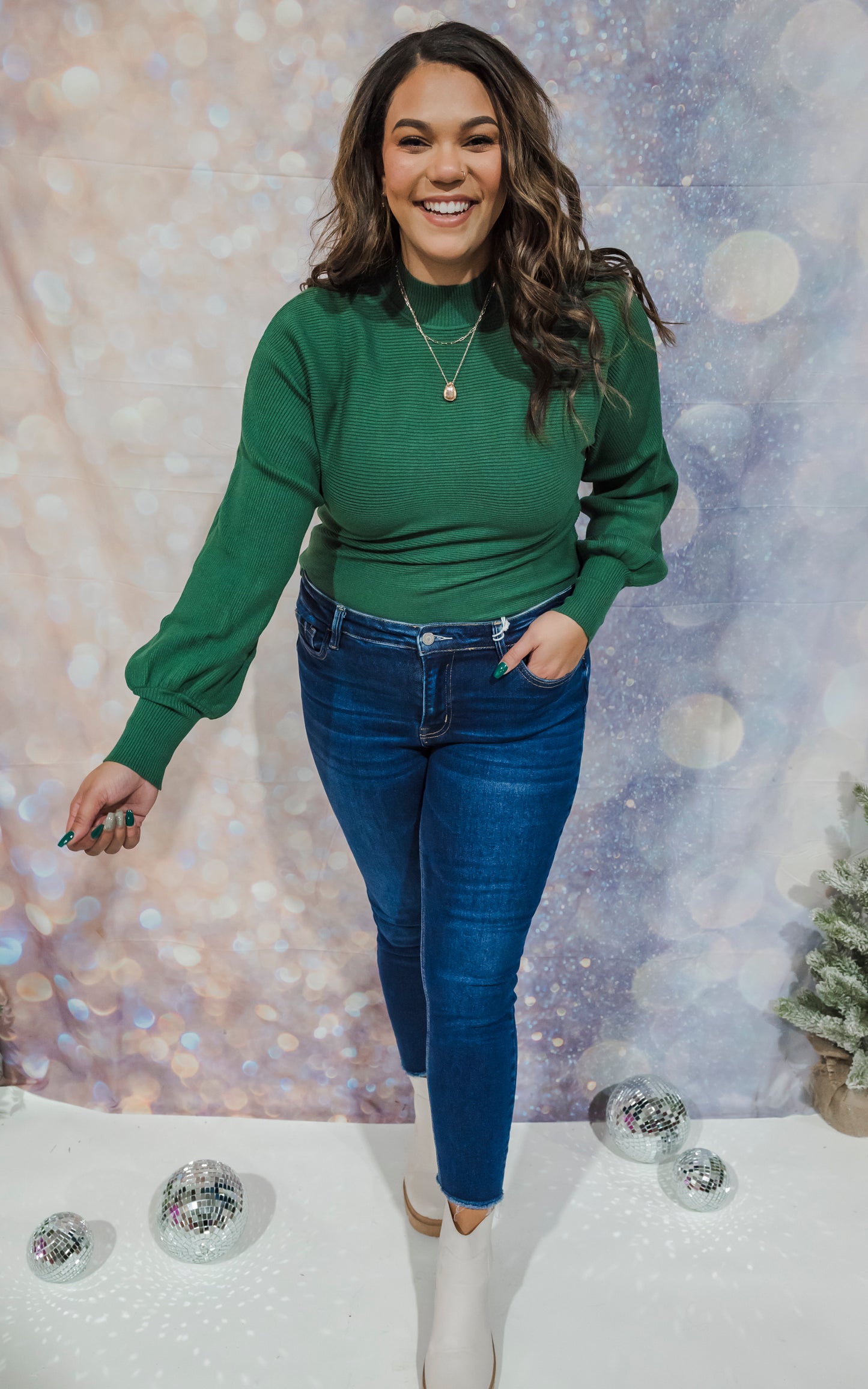 Green Turtleneck Puff Sleeve Knit Sweater