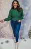 Green Turtleneck Puff Sleeve Knit Sweater