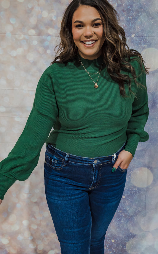 Green Turtleneck Puff Sleeve Knit Sweater