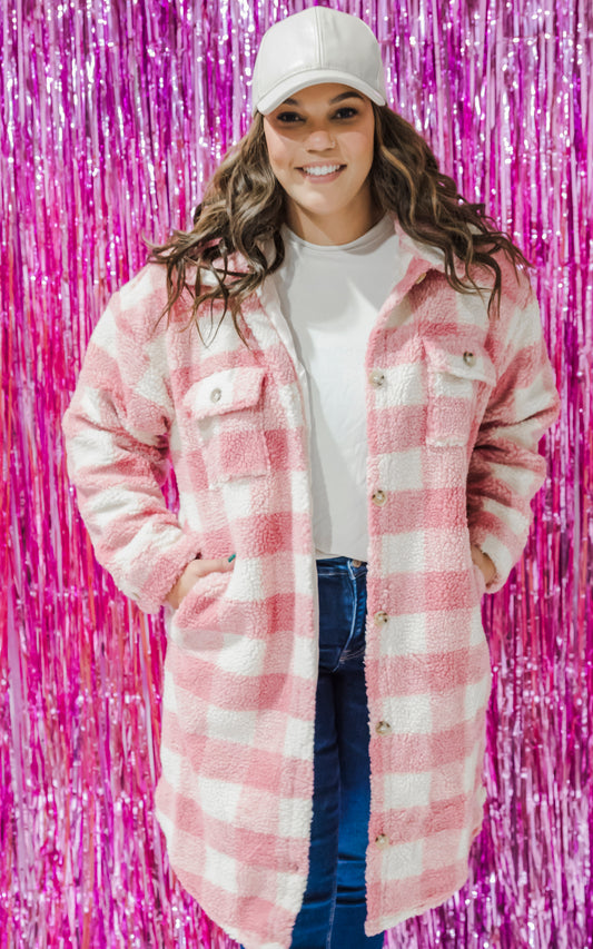 Pink Cream Plaid Long Sherpa Jacket