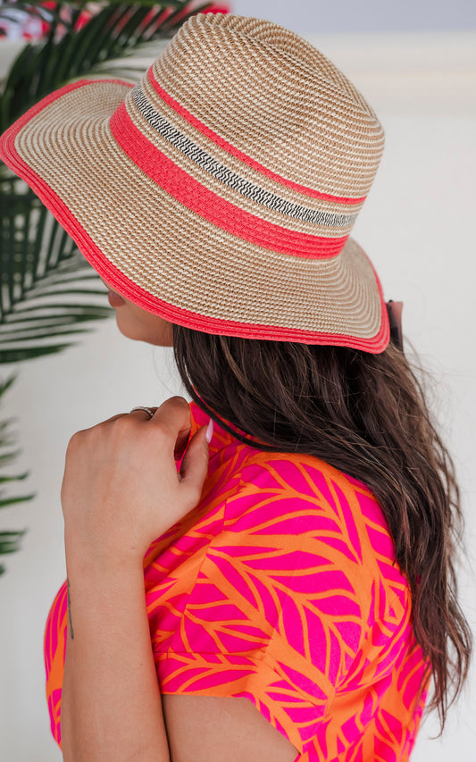 Natural Coral Stripe Straw Hat