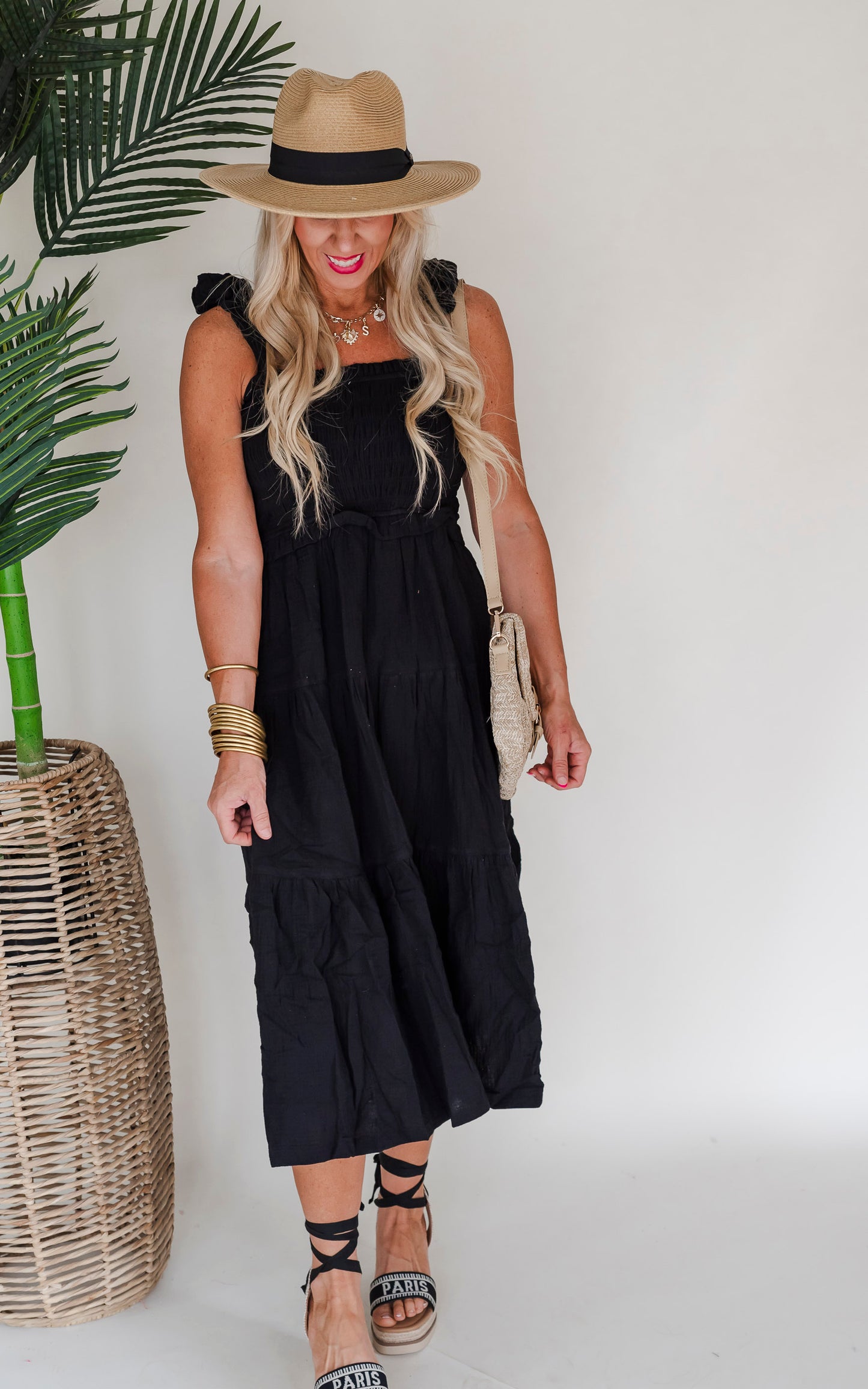 Make a Wish Black Ruched Shoulder Strap Midi Dress - Final Sale