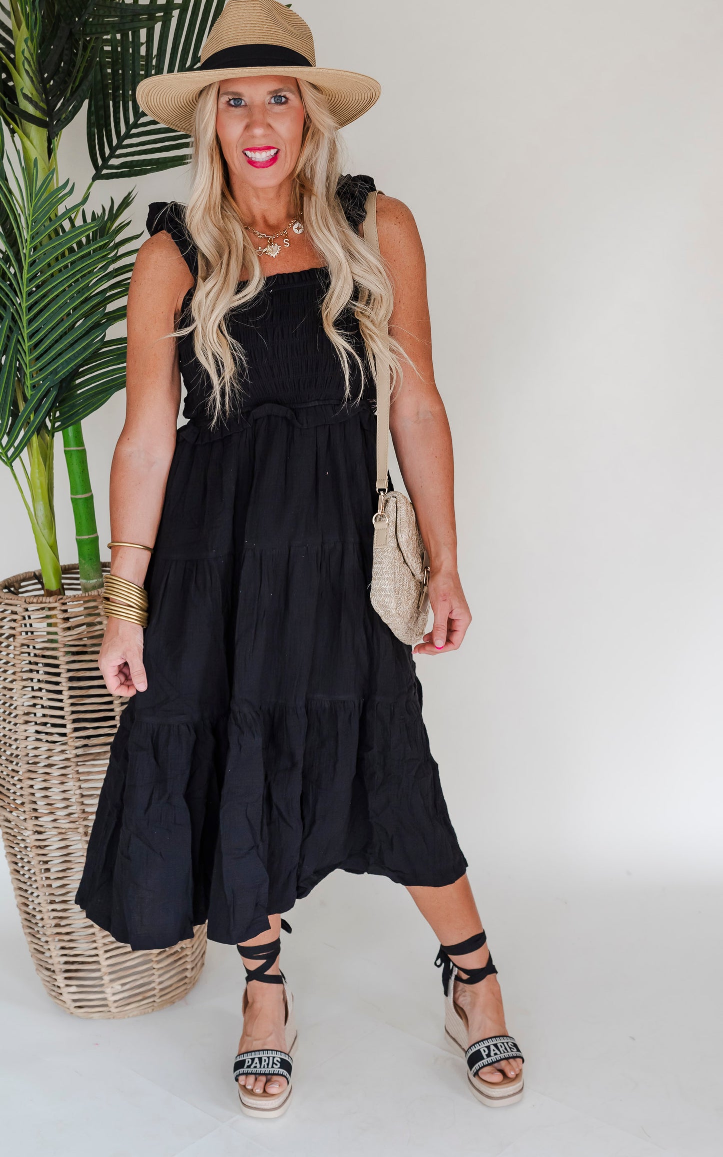 Make a Wish Black Ruched Shoulder Strap Midi Dress - Final Sale