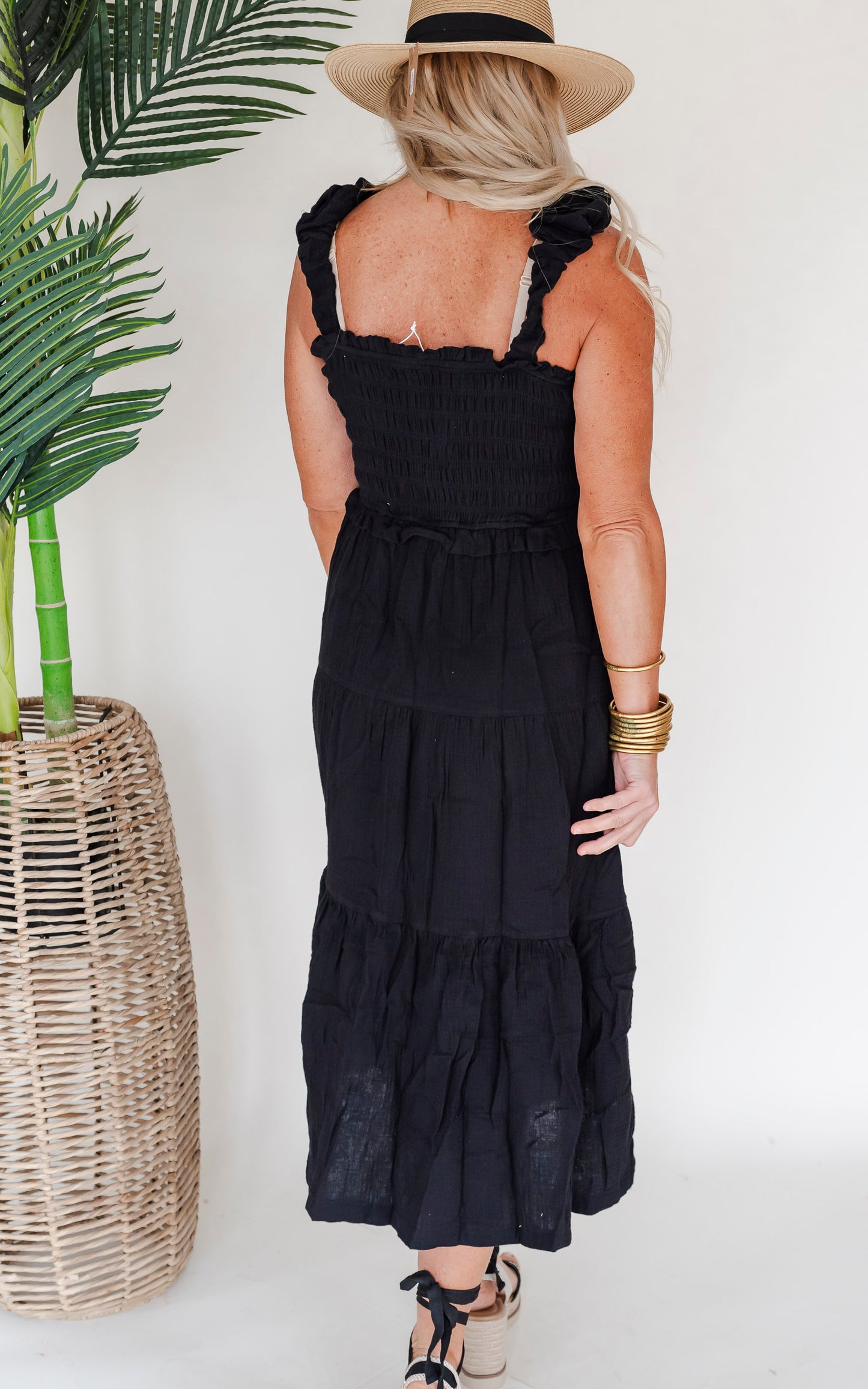 Make a Wish Black Ruched Shoulder Strap Midi Dress - Final Sale