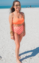 *PREORDER NOW* SALTY WAVE Orange Checkered Full Coverage Swim Set (Top & Bottom) _ START SHIP DATE: MARCH 5TH