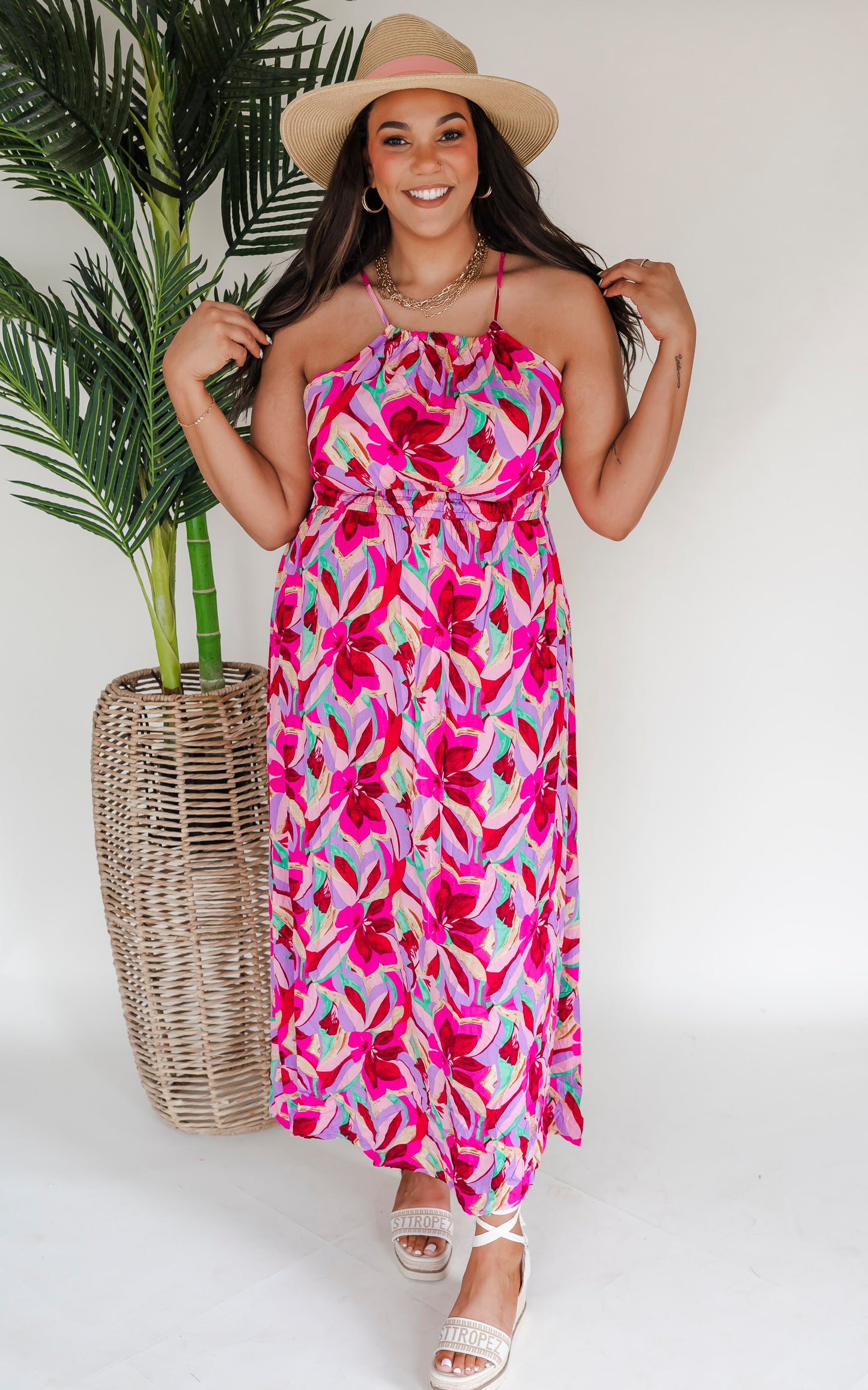 RSVP Magenta Floral Tie Back Halter Maxi Dress - Final Sale