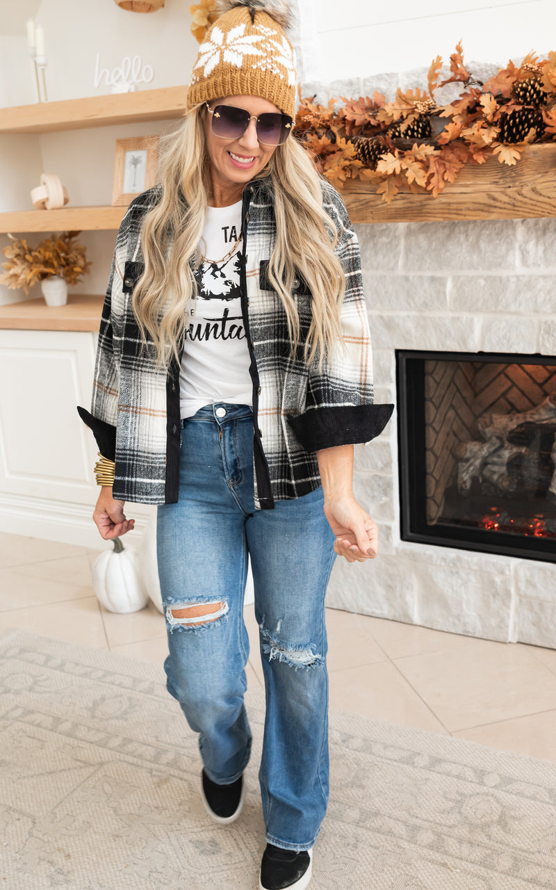 fall fashion look with plaid, take me to mountain graphic and jeans 