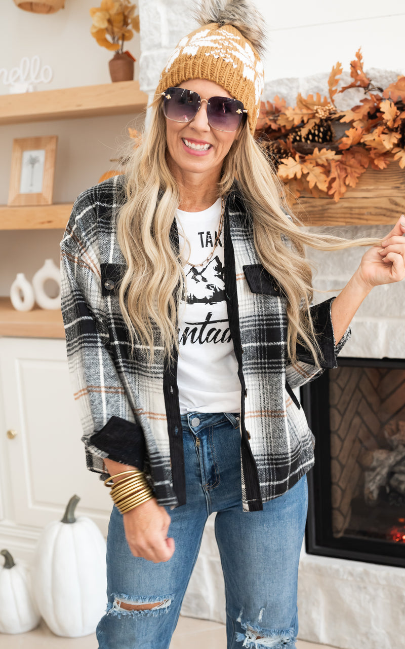 take me to the mountain graphic tee styled with plaid flannel 