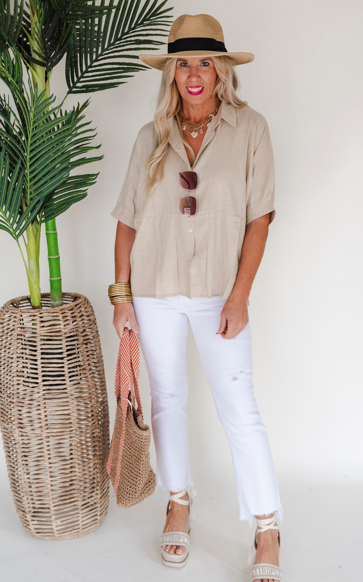 Tuscany Stroll Oversized Linen Button Down Blouse Top