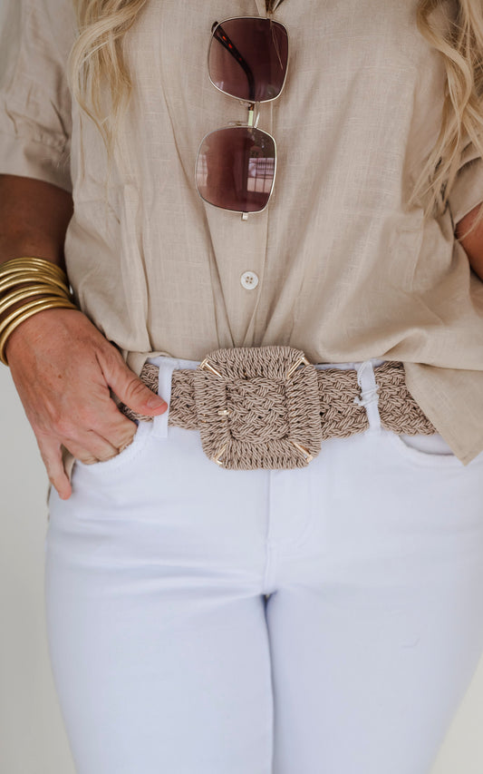 Khaki Squared Buckle Straw Belt
