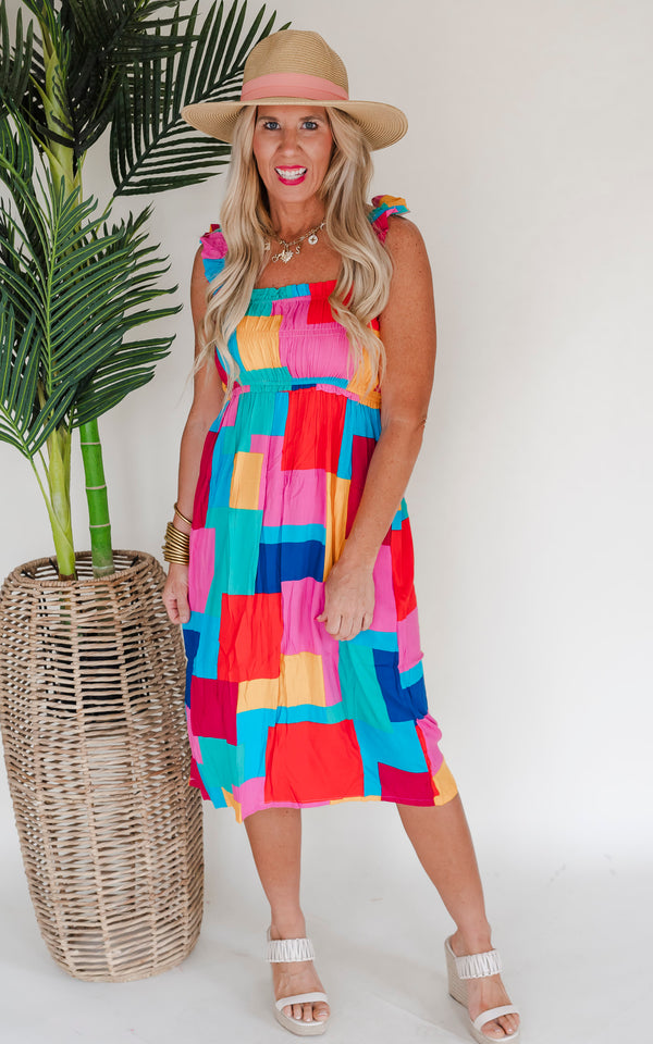 Take it All In Multi Color Square Printed Summer Dress