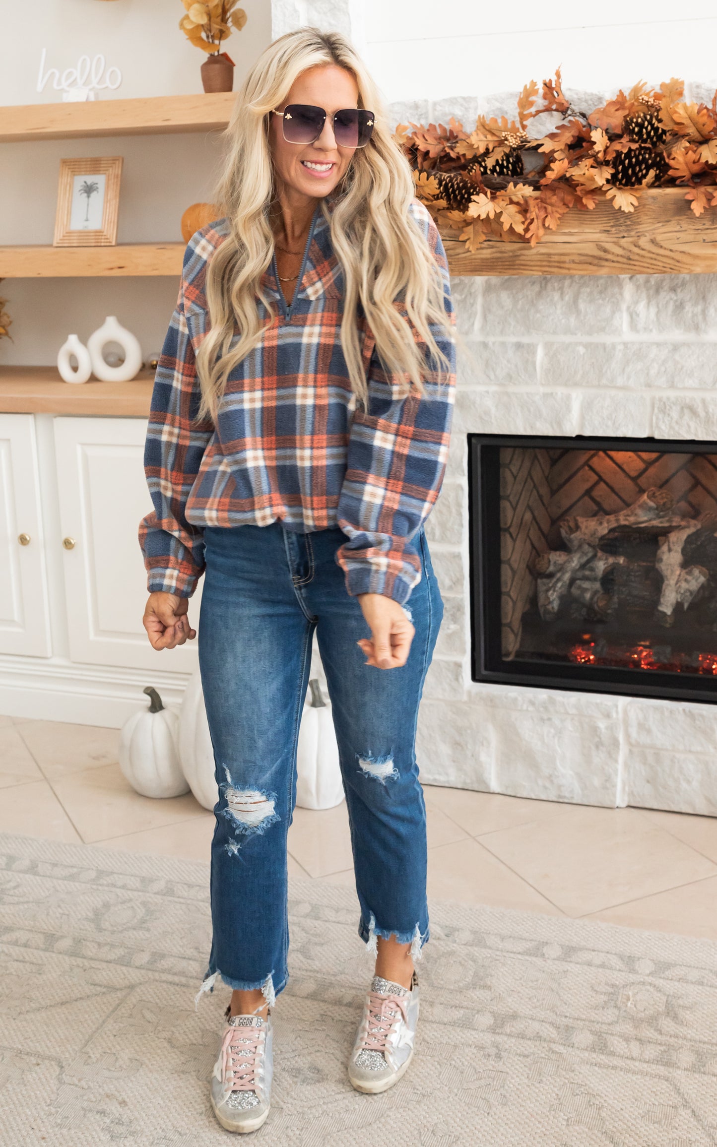 Autumn Morning Wood Brushed Plaid Pullover Top