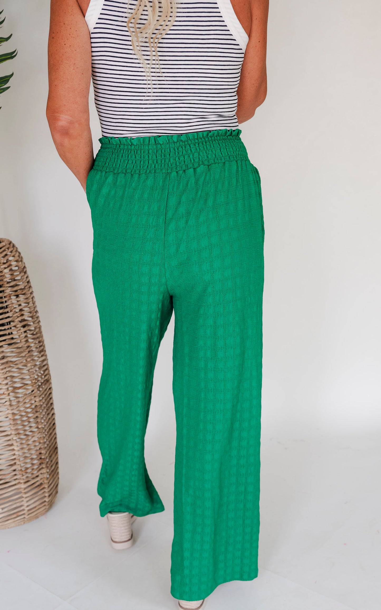 Kelly Green Textured Loose Pants w/ Pockets