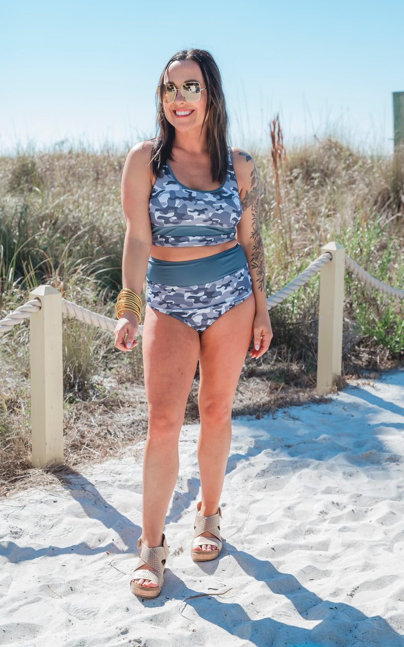 *PREORDER NOW* SALTY WAVE Grey Camo Beach Full Coverage Swim Set (Top & Bottom) _ START SHIP DATE: MARCH 5TH