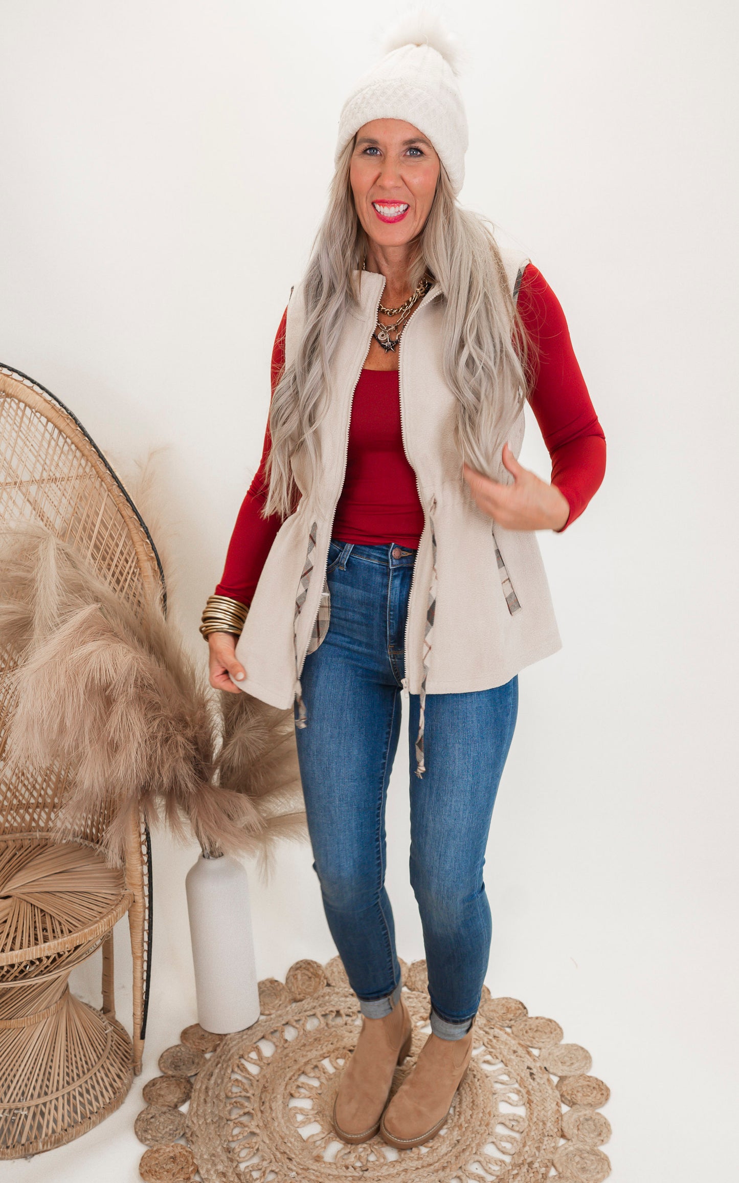 Plaid Waist Drawstring Sherpa Vest