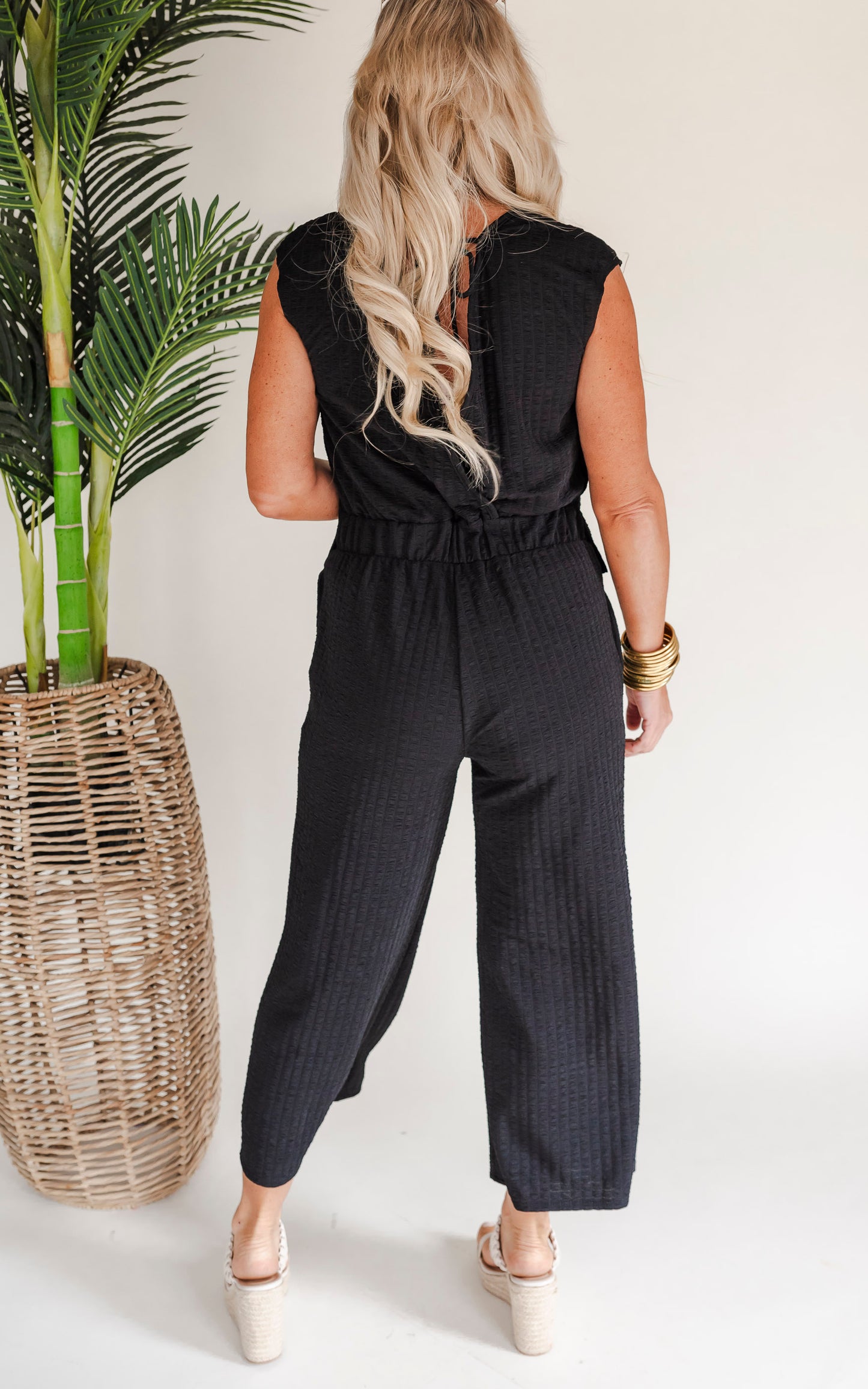 Feeling Fancy Textured Tie Back Drop Shoulder Jumpsuit