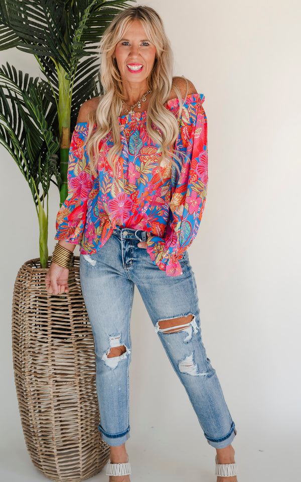 It's Paradise Off the Shoulder Printed Blouse Top