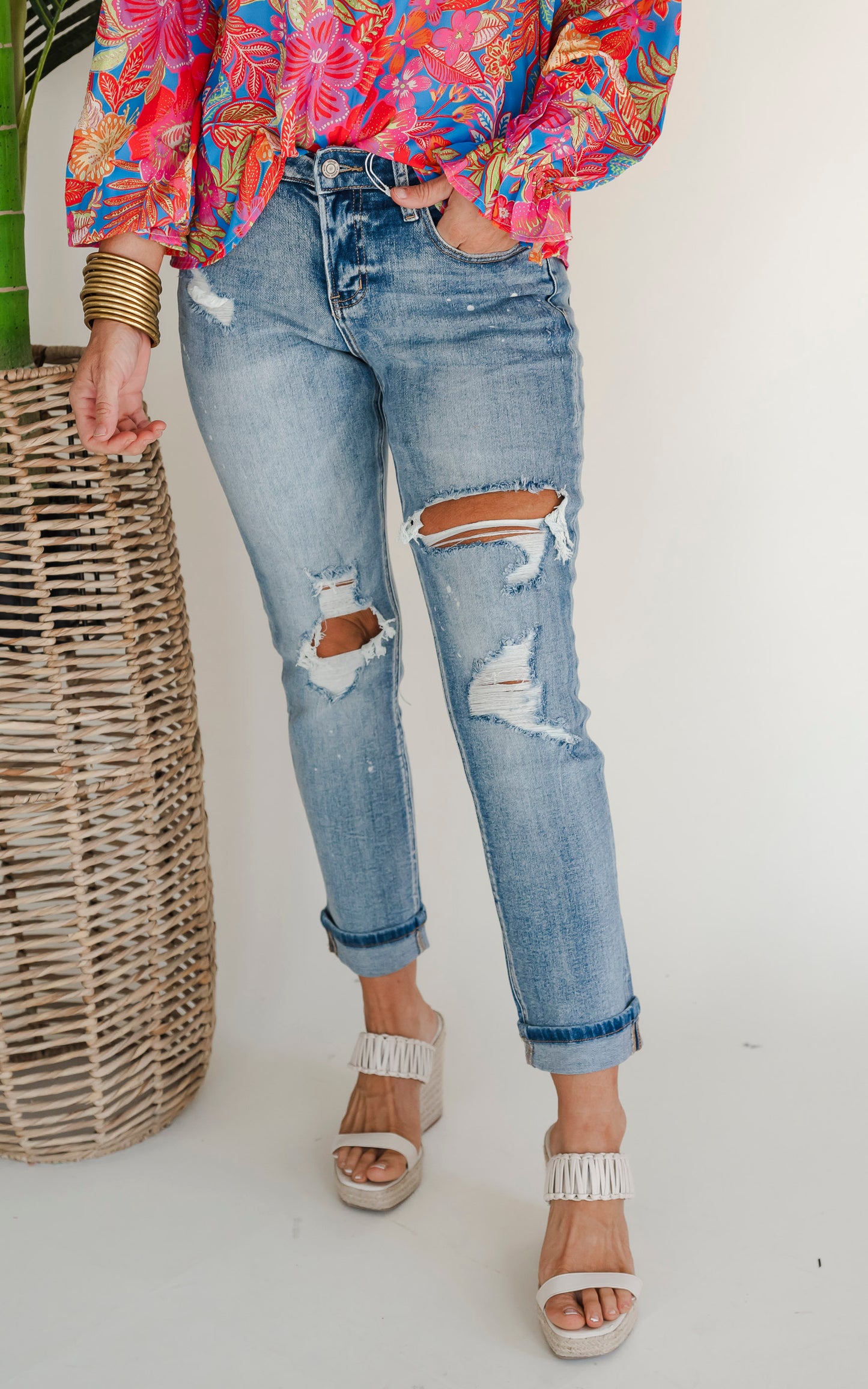  Glamourous High Rise Cuffed Distressed Paint Boyfriend Denim Jeans