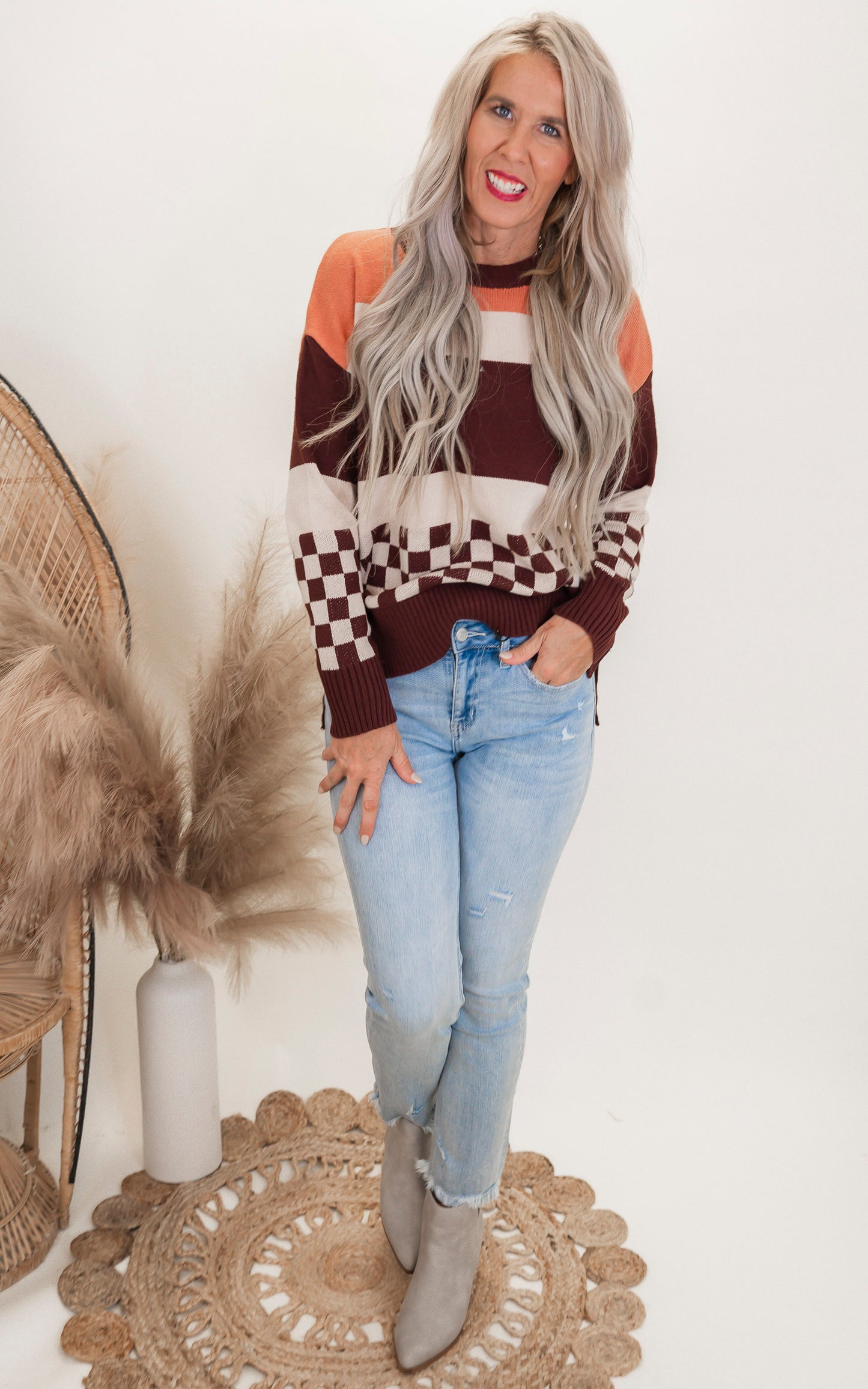 Check & Stripe Oversized Sweater Top