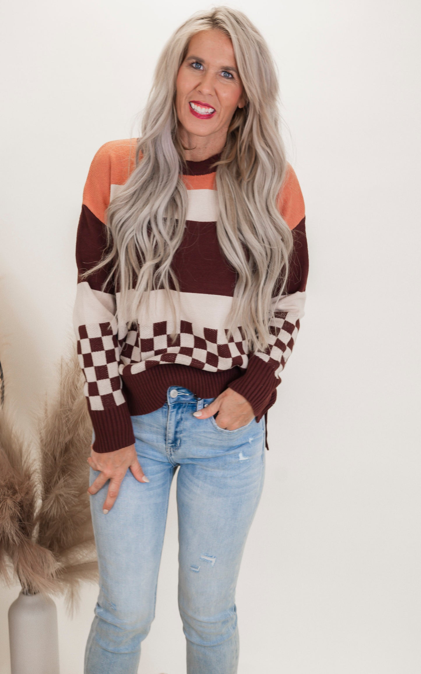 Check & Stripe Oversized Sweater Top