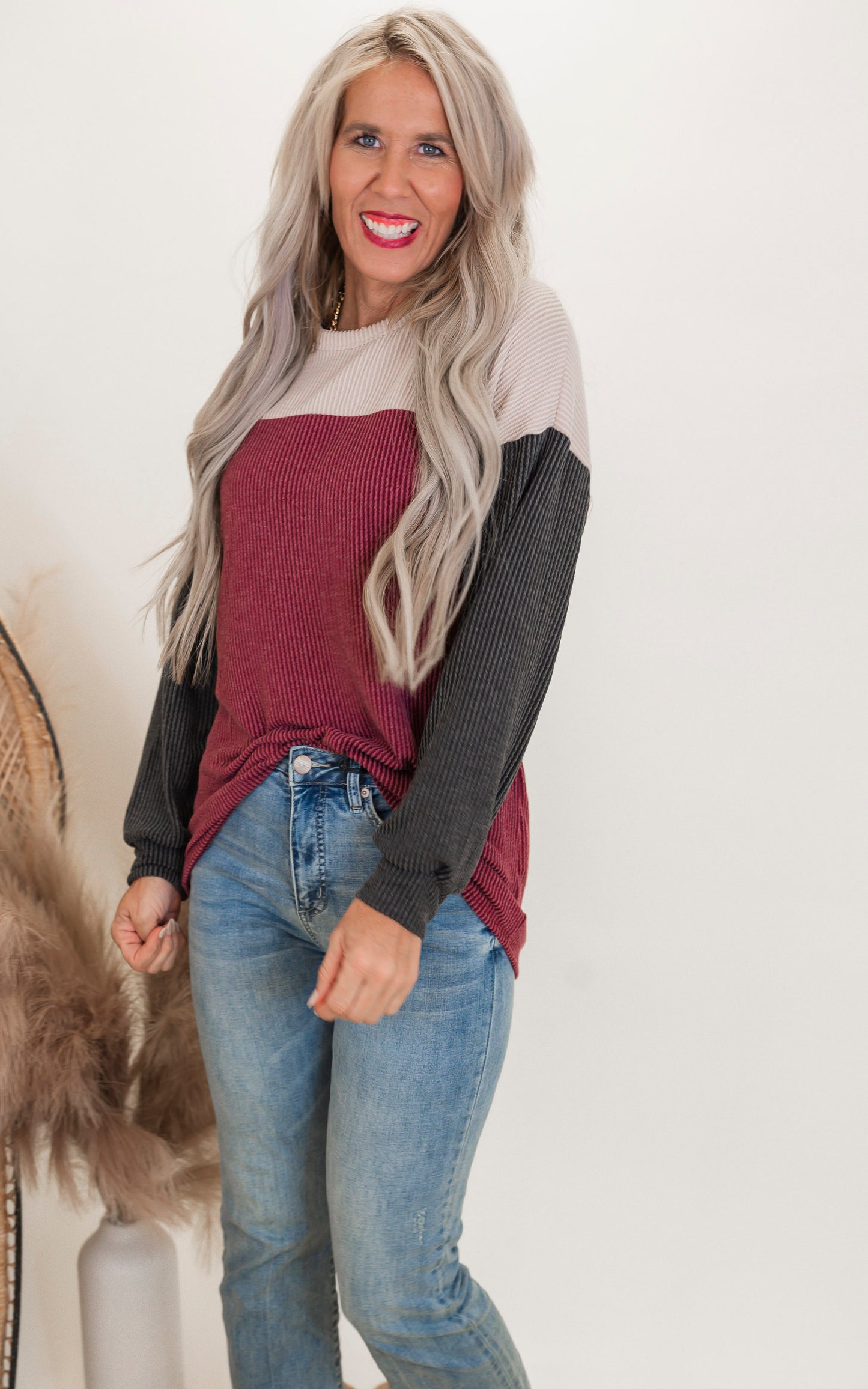 Burgundy Urban Color Block Puff Sleeve Top