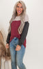 Burgundy Urban Color Block Puff Sleeve Top