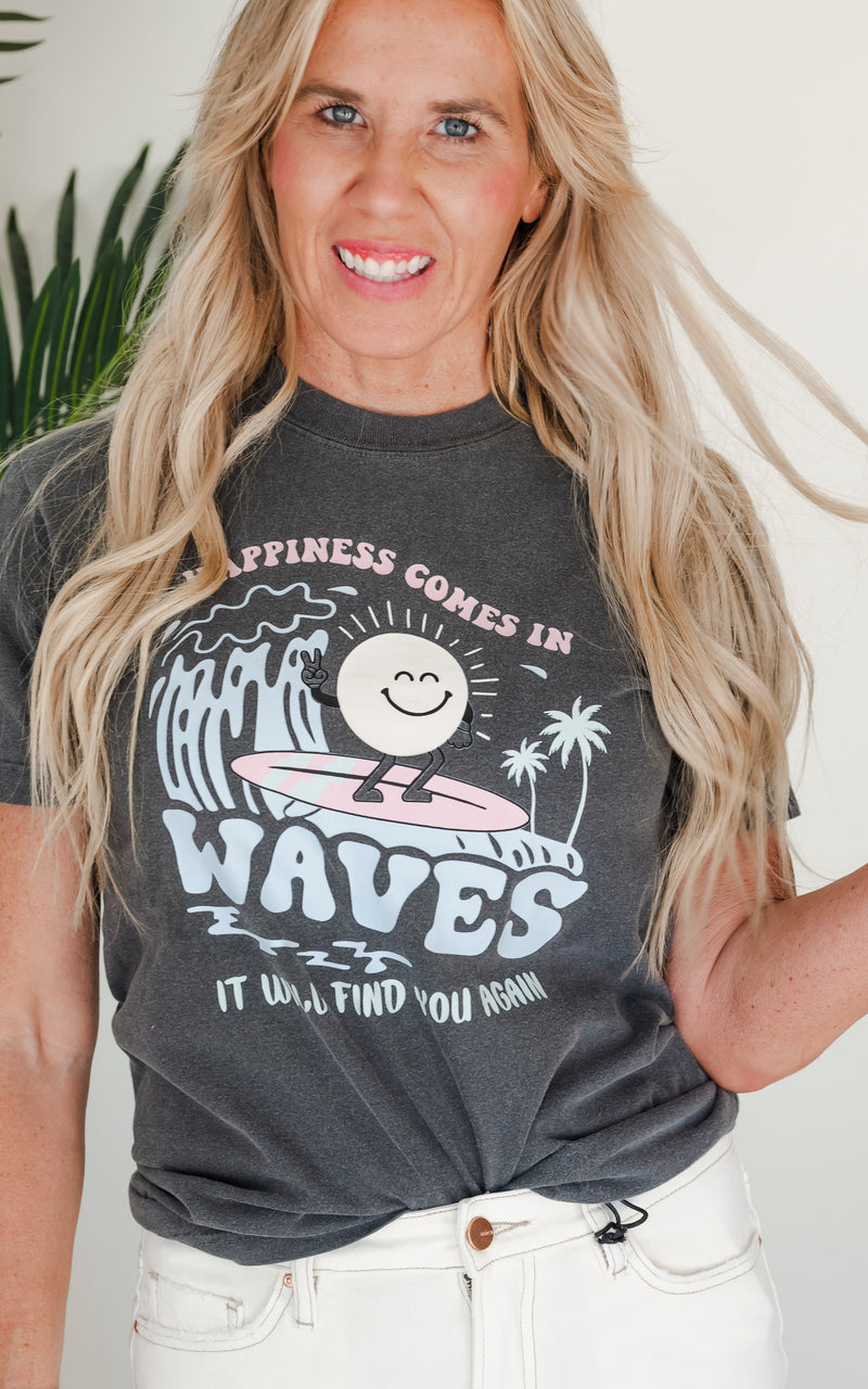 Happiness Comes in Waves Garment Dyed Graphic T-shirt.