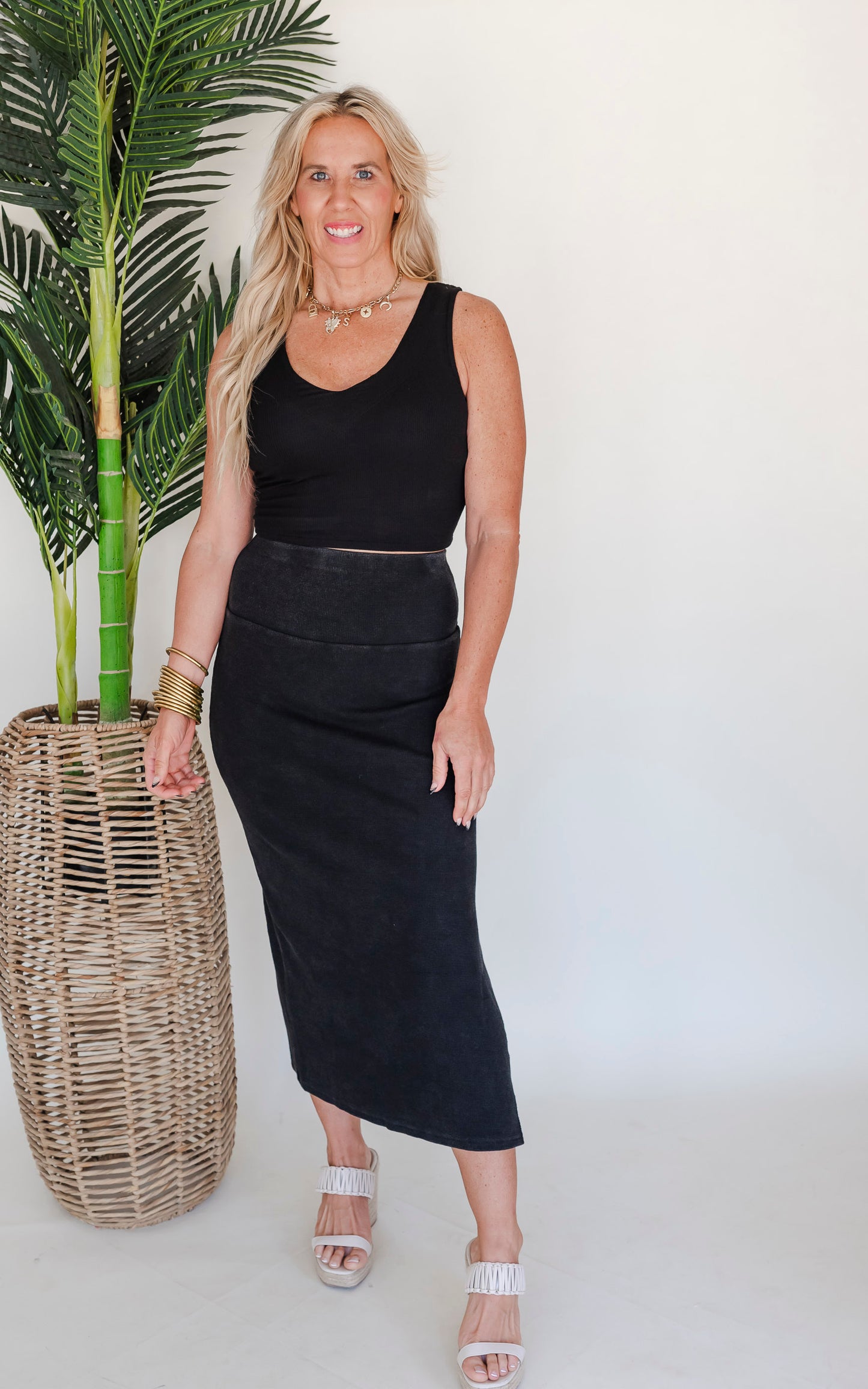 Black MIneral Wash Thermal Midi Skirt